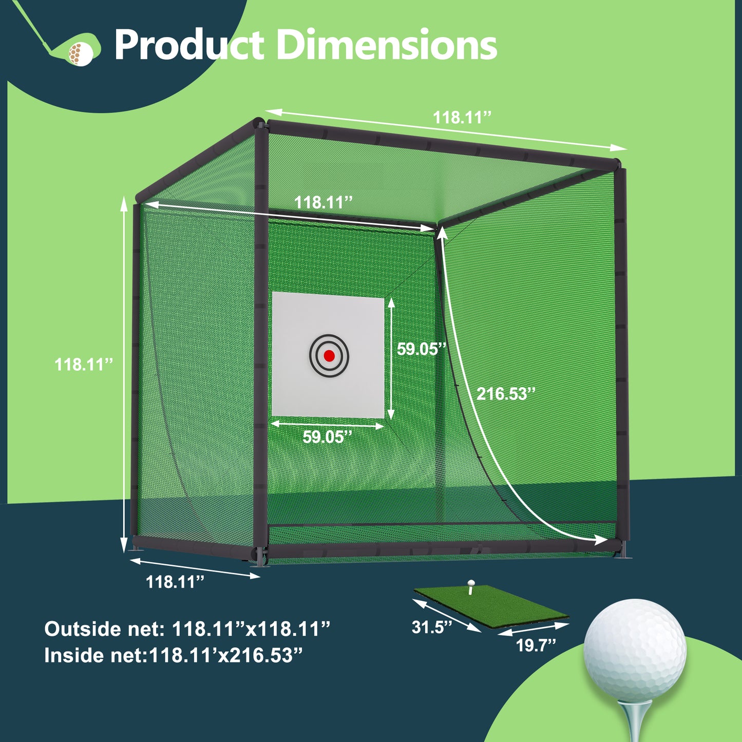 Cage filet golf 10x10x10FT — vue d’ensemble jardin