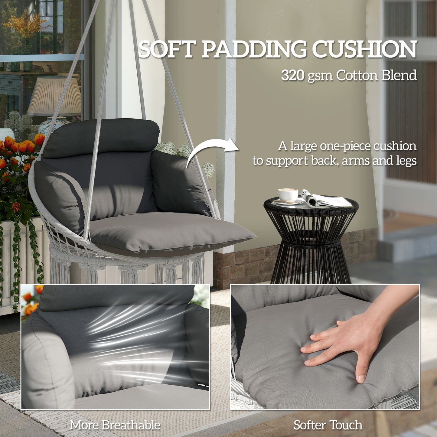 Balançoire suspendue coussin coton gris — intérieur extérieur jardin terrasse — usage outdoor