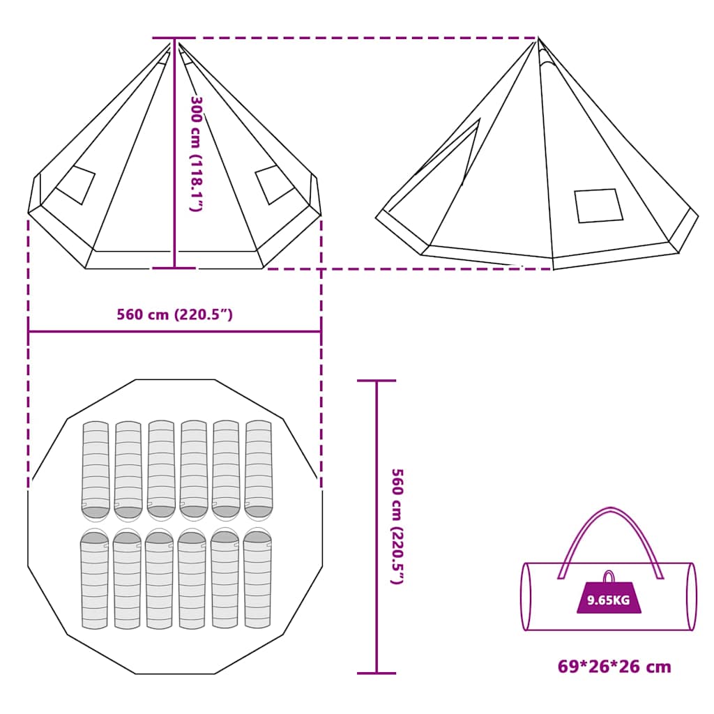 Tente tipi familiale polyester 560 x 560 cm — usage outdoor