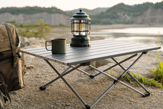 Table camping roll-up aluminium — détail matière