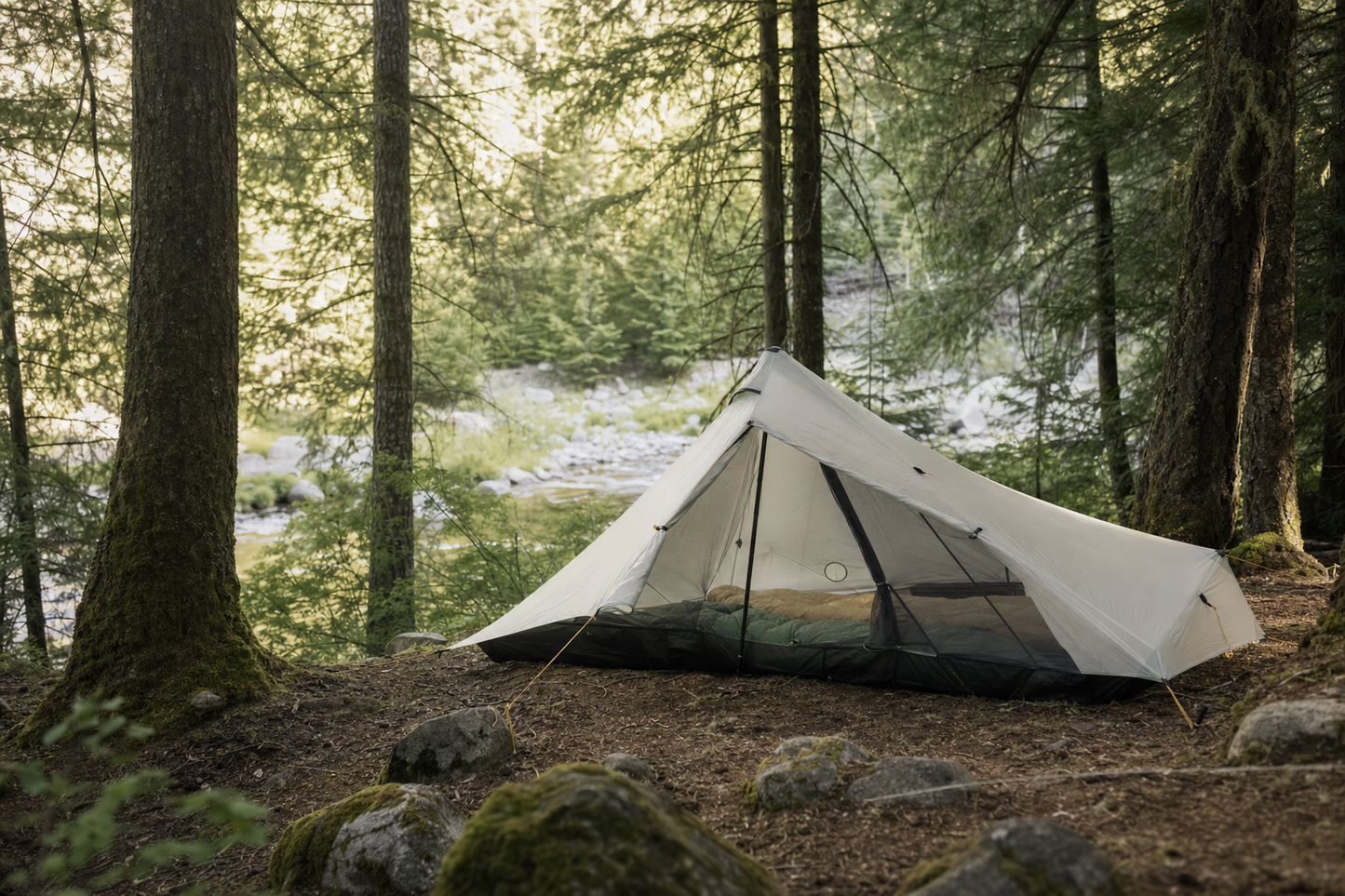 Tente ultralight 2 personnes — scène forêt