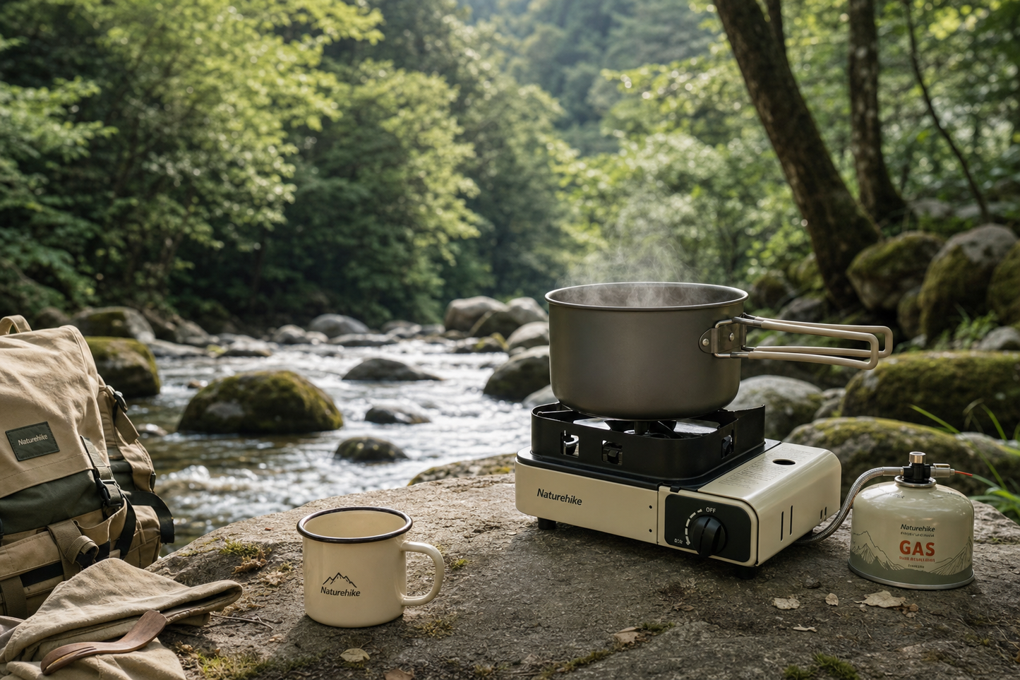 Réchaud camping gaz pliable — scène forêt
