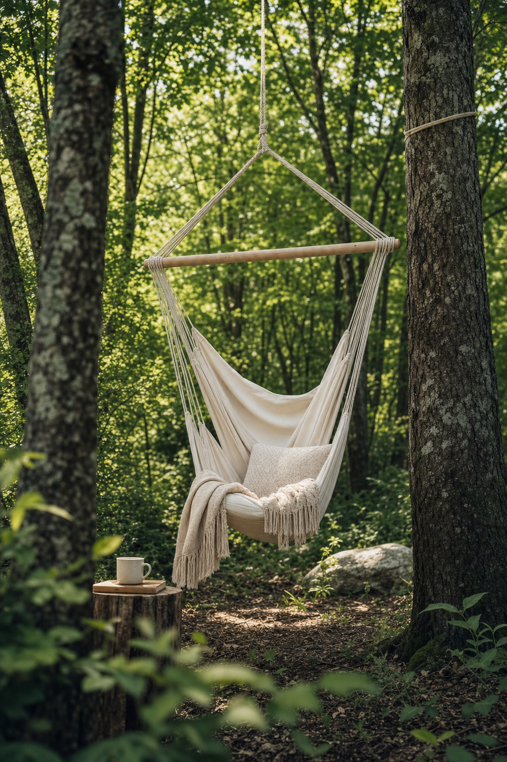 Fauteuil hamac suspendu coton — scène forêt