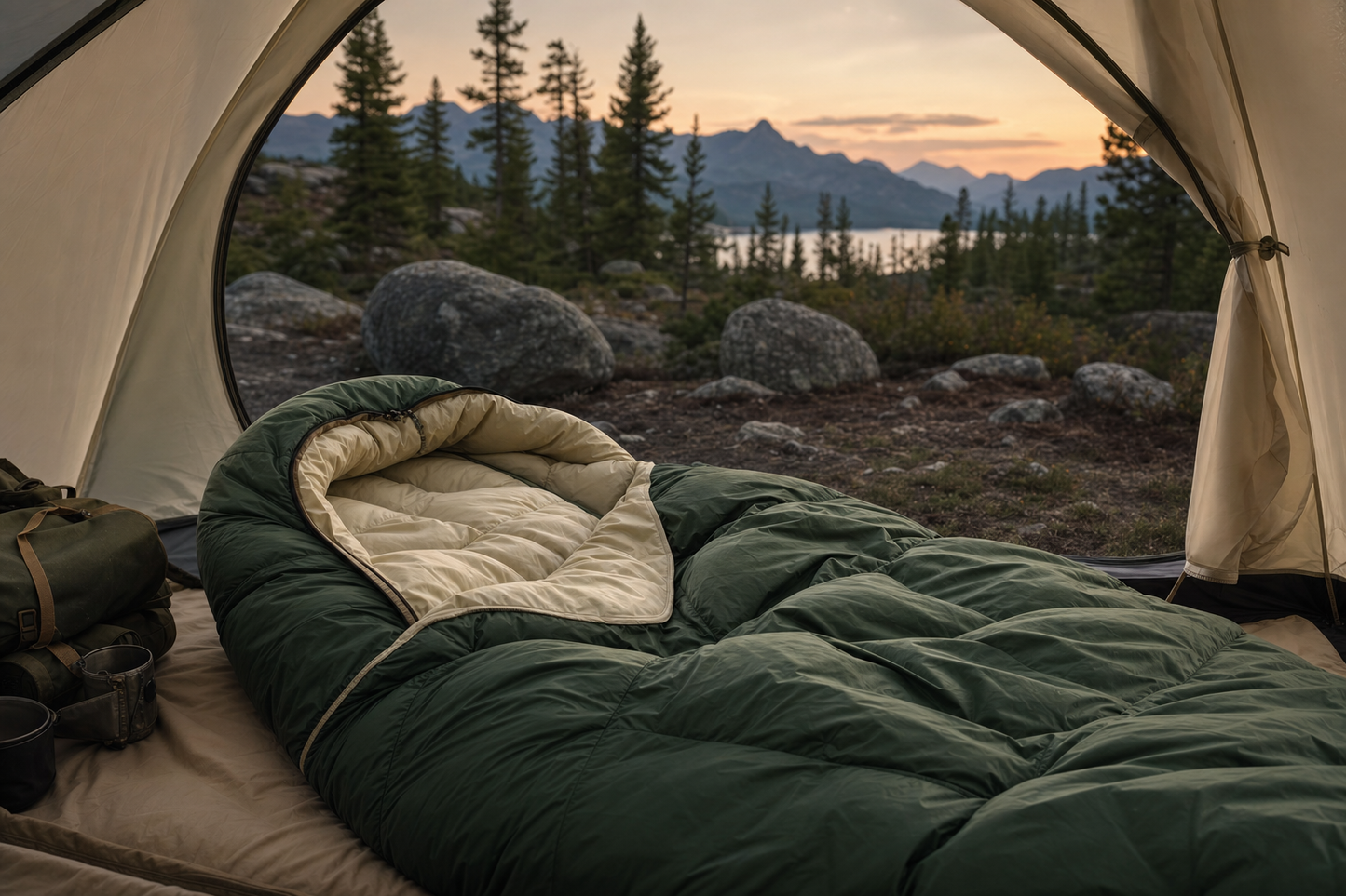 Sac de couchage duvet 3 saisons — scène camping