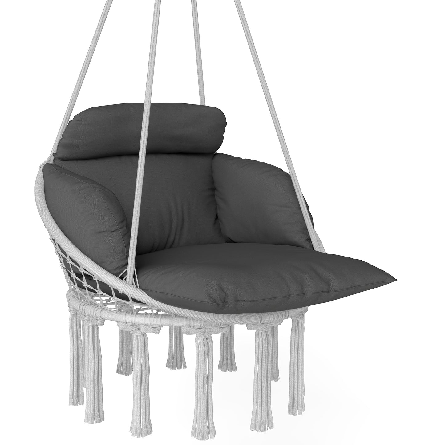Balançoire suspendue coussin coton gris — intérieur extérieur jardin terrasse — détail