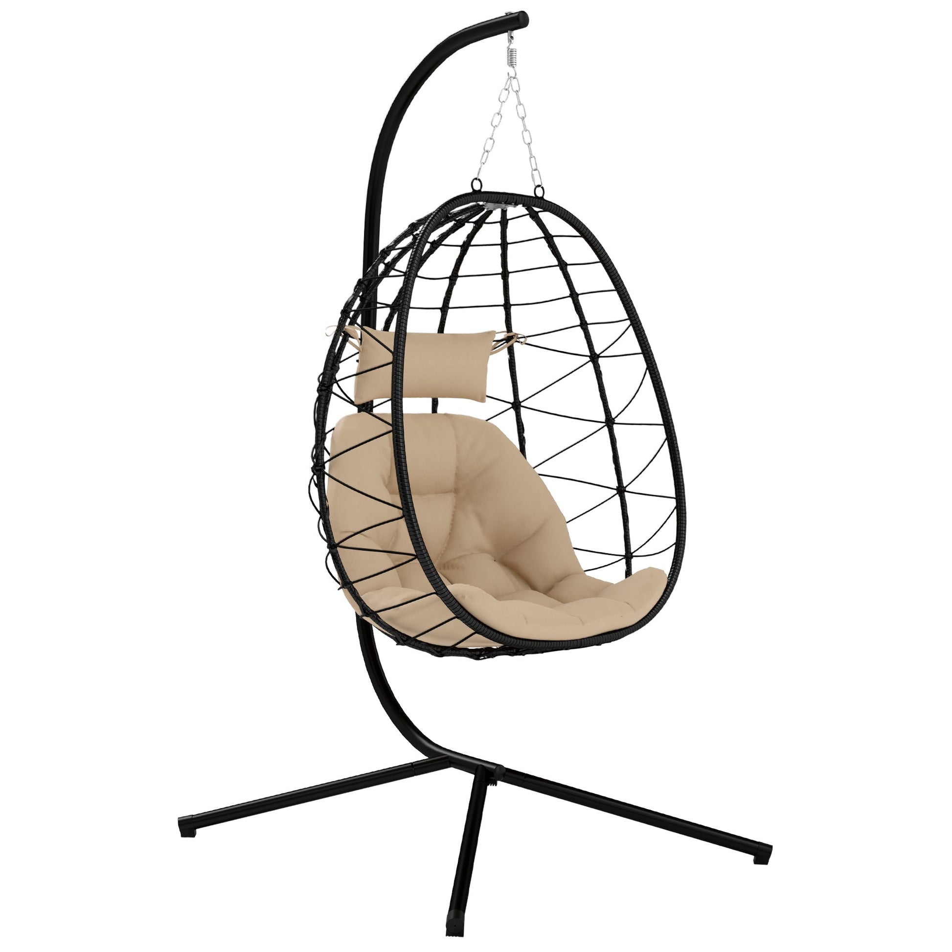 Fauteuil oeuf suspendu avec support kaki — pliable jardin terrasse coussin inclus