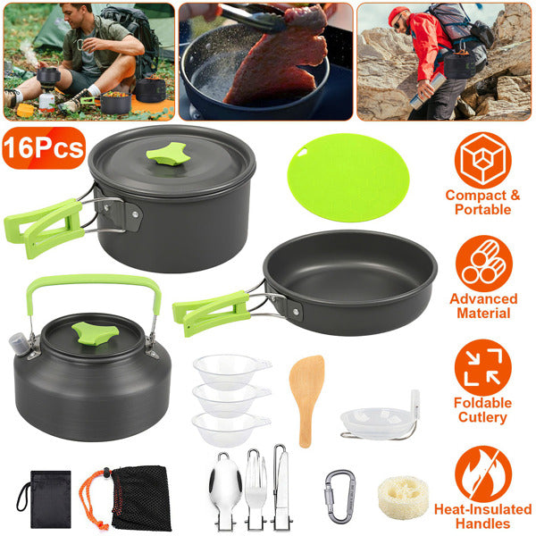 Popote camping inox 16 pièces portable couverts