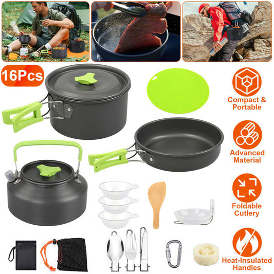 Popote camping inox 16 pièces portable couverts