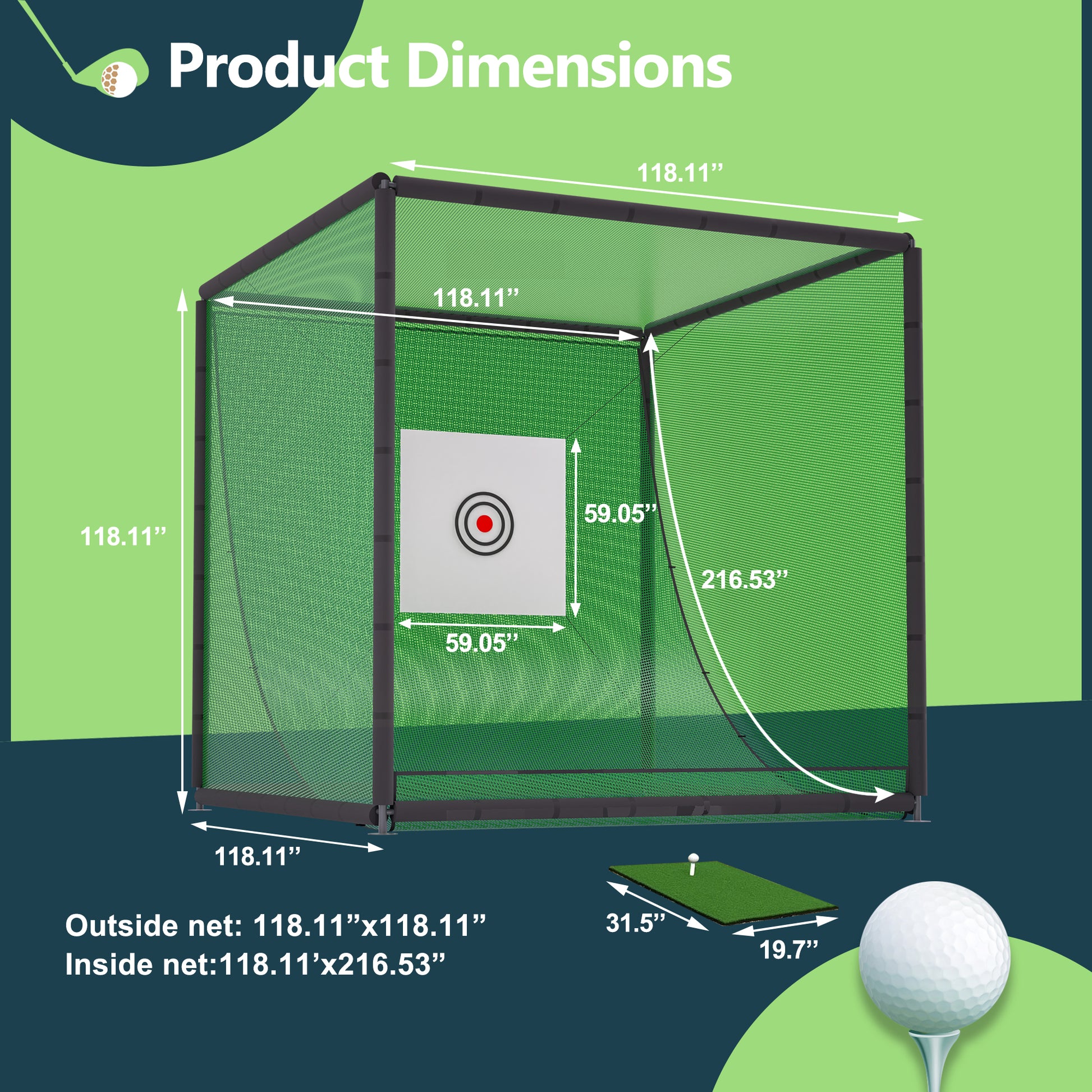 Cage filet golf 10x10x10FT — vue d’ensemble jardin