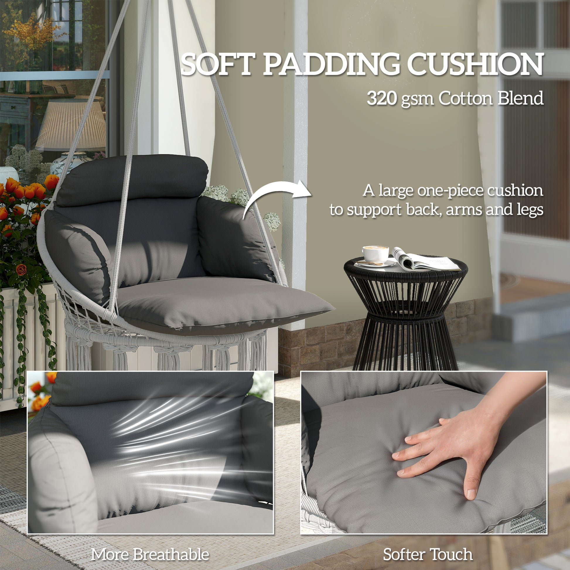 Balançoire suspendue coussin coton gris — intérieur extérieur jardin terrasse — usage outdoor