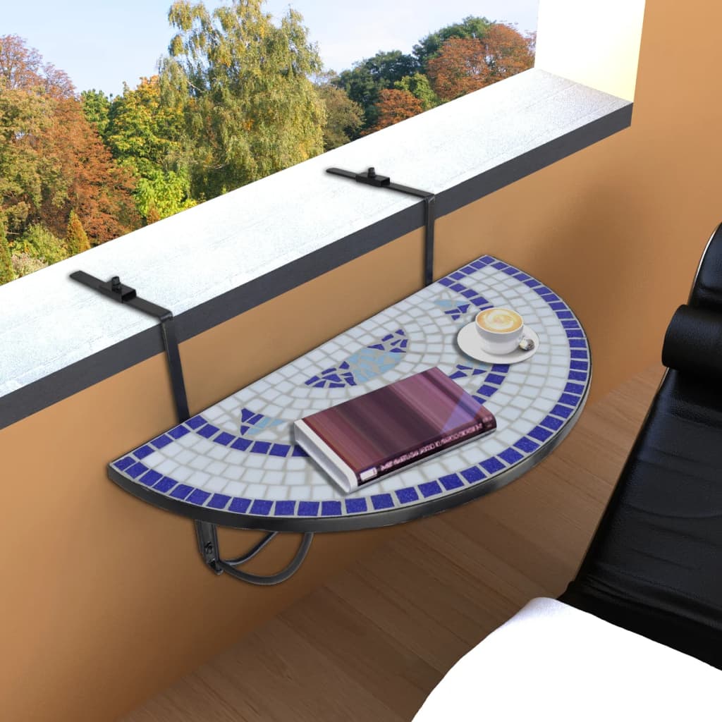 Table balcon suspendue mosaïque terracotta 76x56 cm – table rambarde céramique fer demi-lune