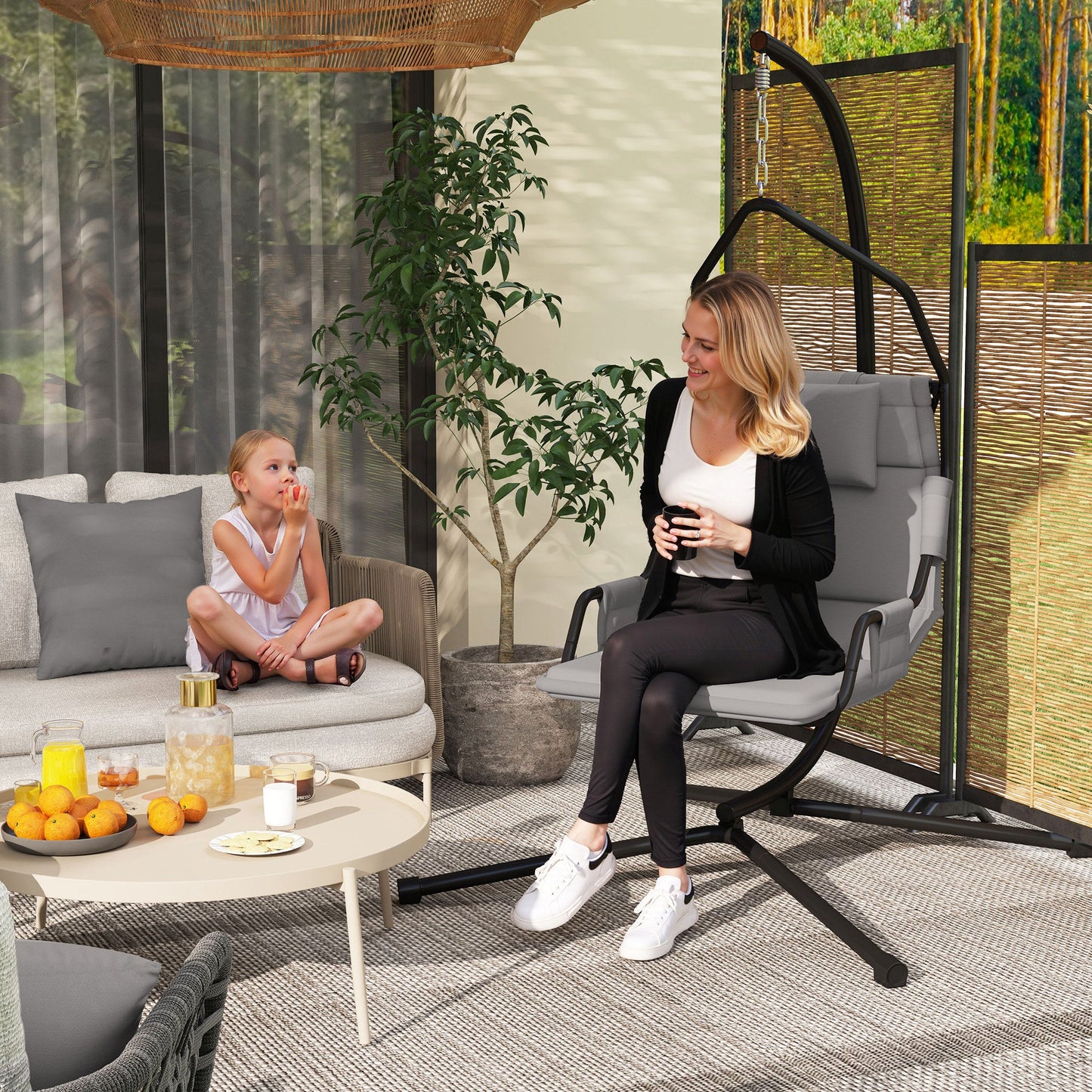 Fauteuil hamac autoportant grand coussin — structure acier arc jardin terrasse