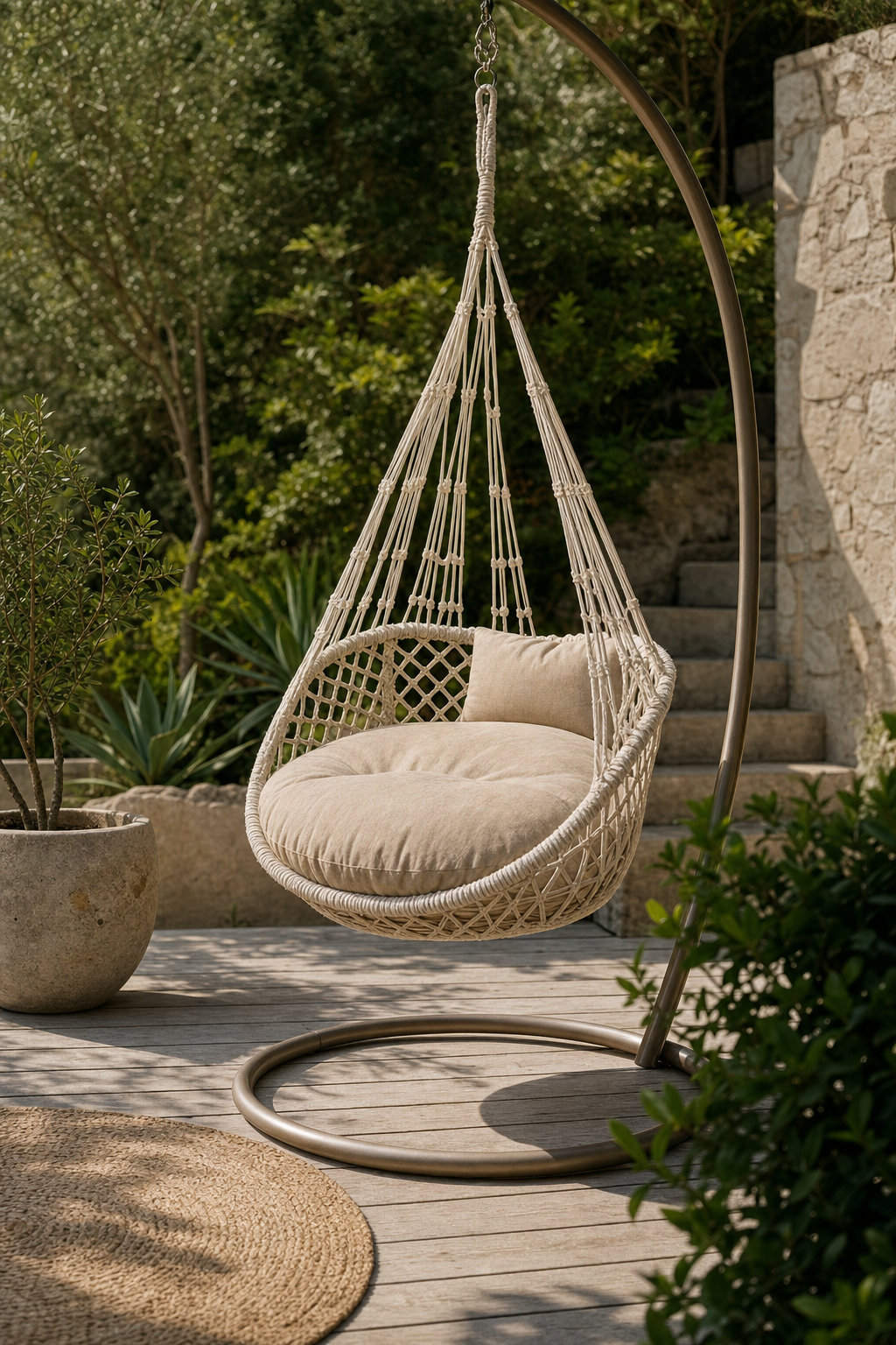 Fauteuil hamac suspendu coton — corde naturelle arceau métal intérieur extérieur