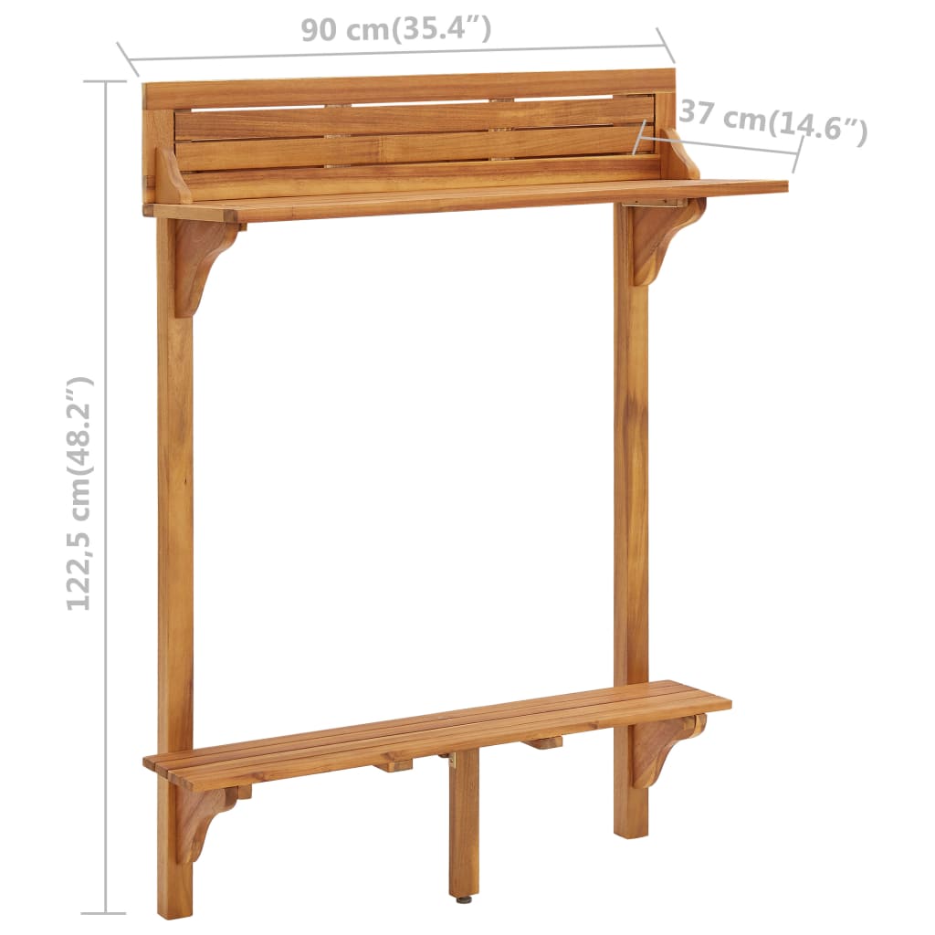 Table haute balcon acacia massif 90x37x122.5 cm – bar de terrasse fixation rambarde bois naturel