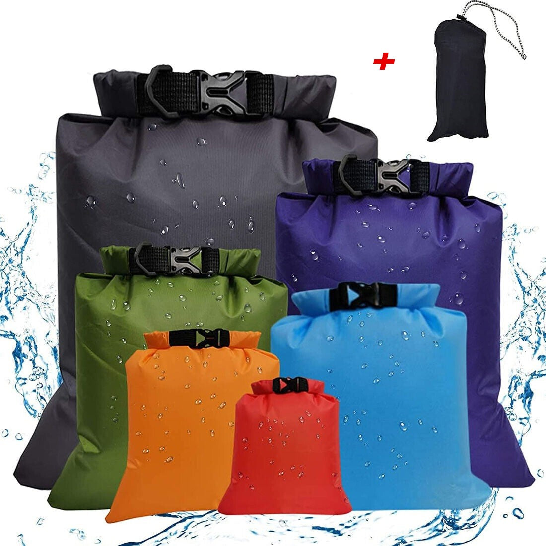 Sacs étanches set 6 pièces polyester — dry bags rolltop kayak camping 1,5 à 8 L — détail