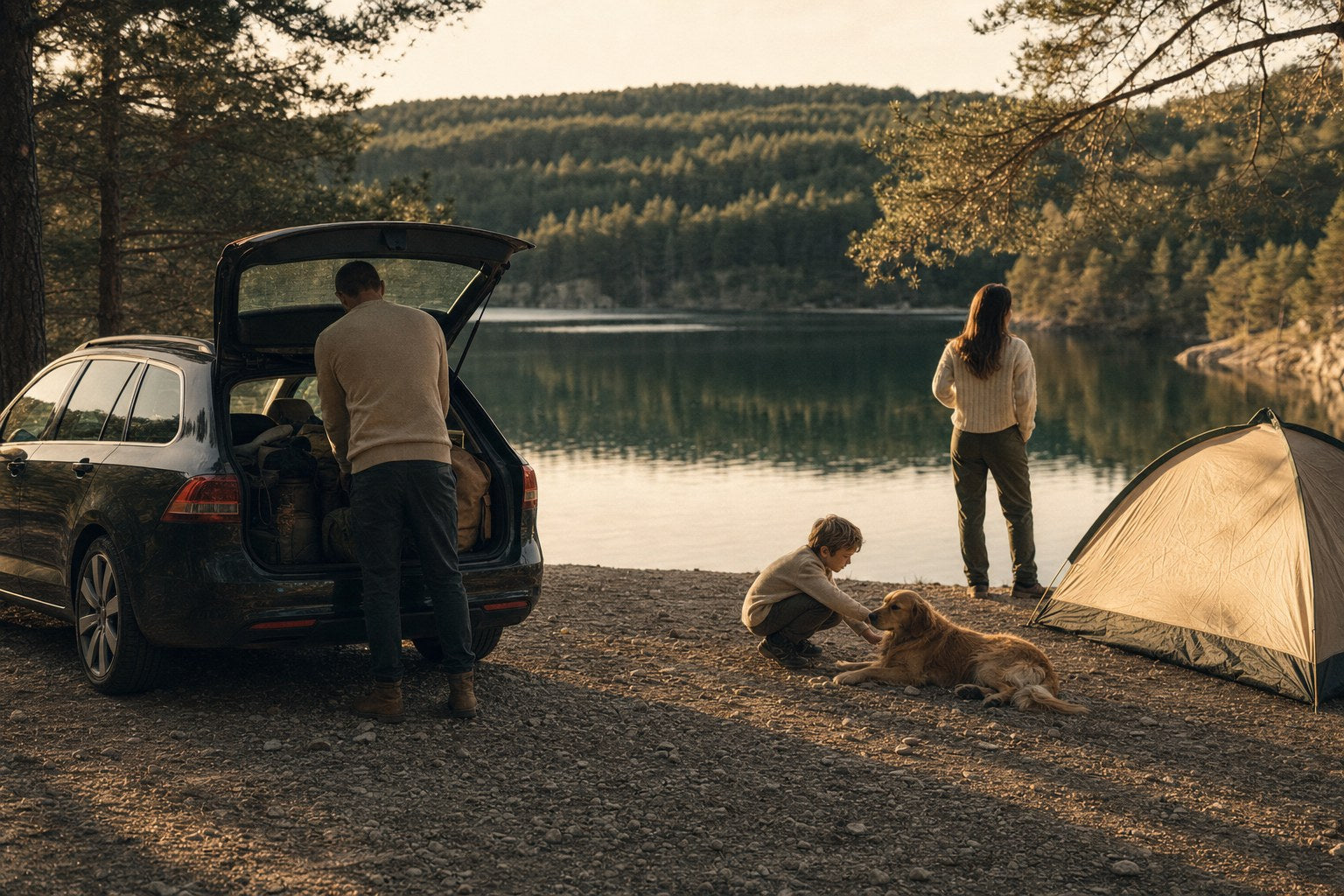 Outdoor Compact hero — famille avec chien au bord d'un lac, golden hour