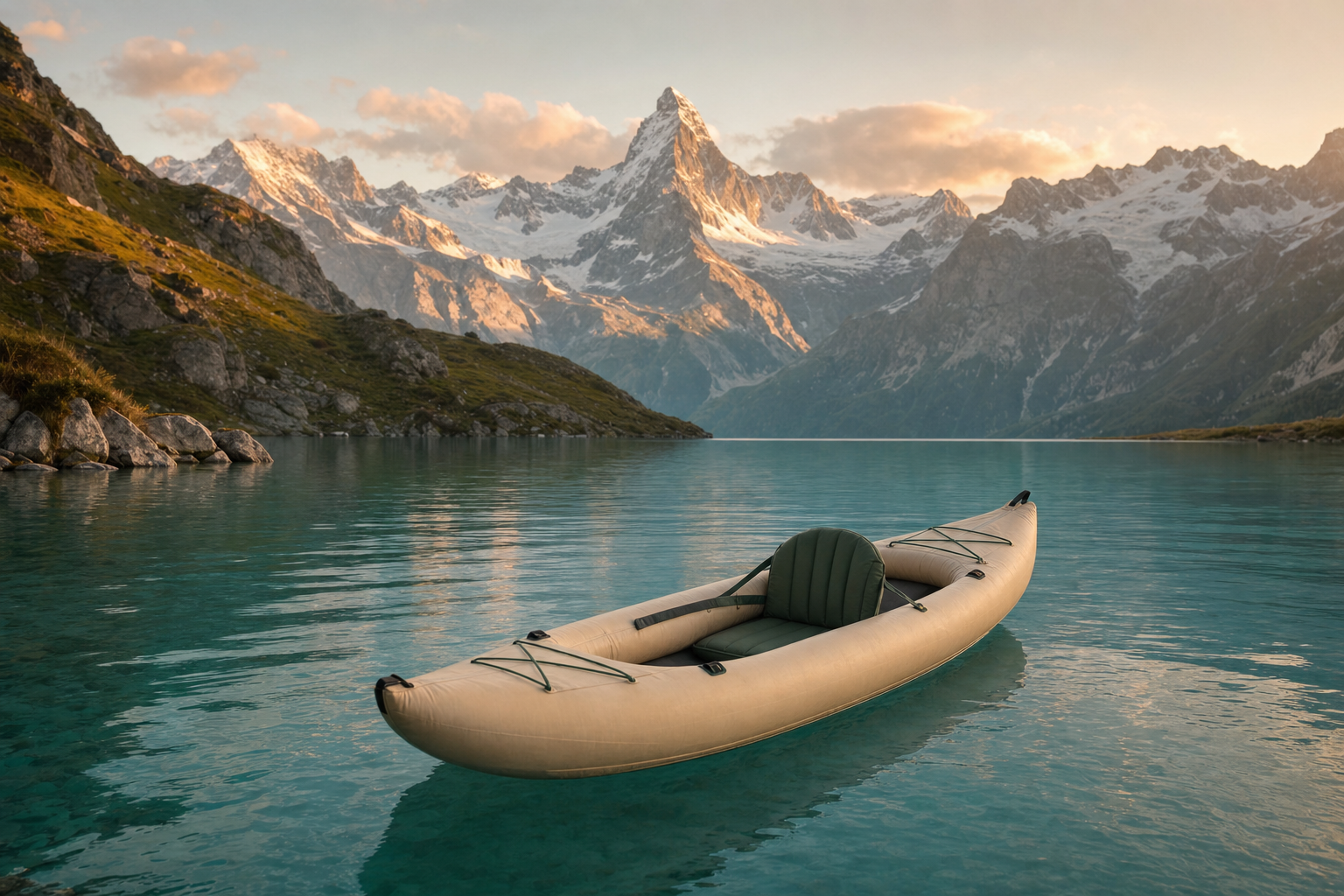 Kayak gonflable 1 personne sur lac alpin au coucher du soleil
