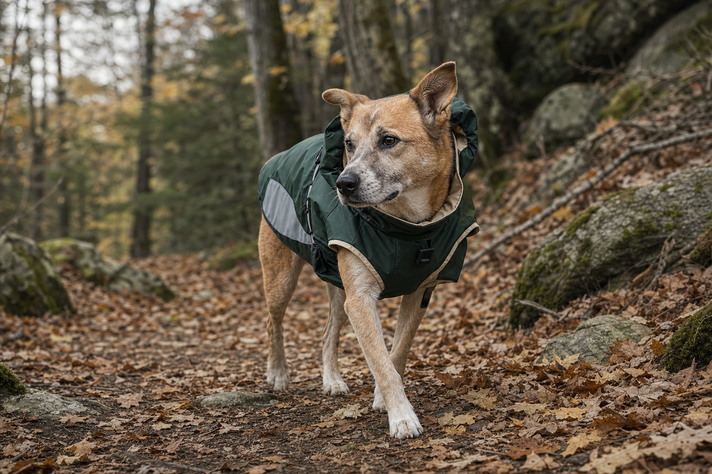 Imperméable chien 4 pattes softshell — scène outdoor