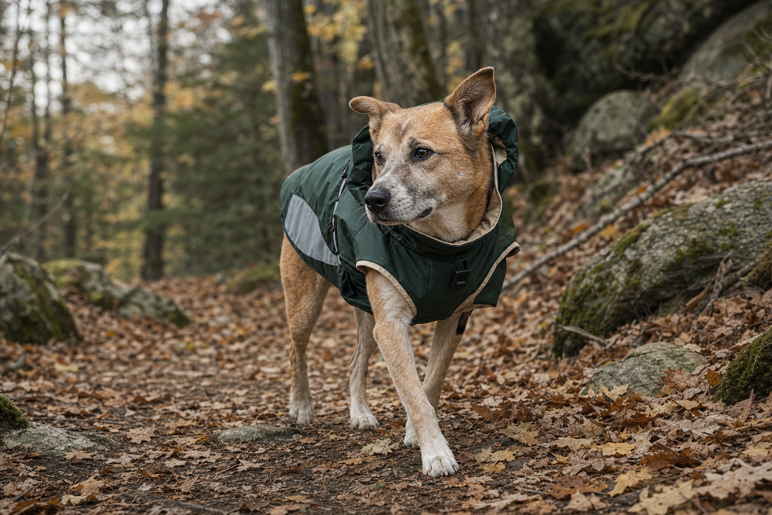 Imperméable chien 4 pattes softshell — scène outdoor