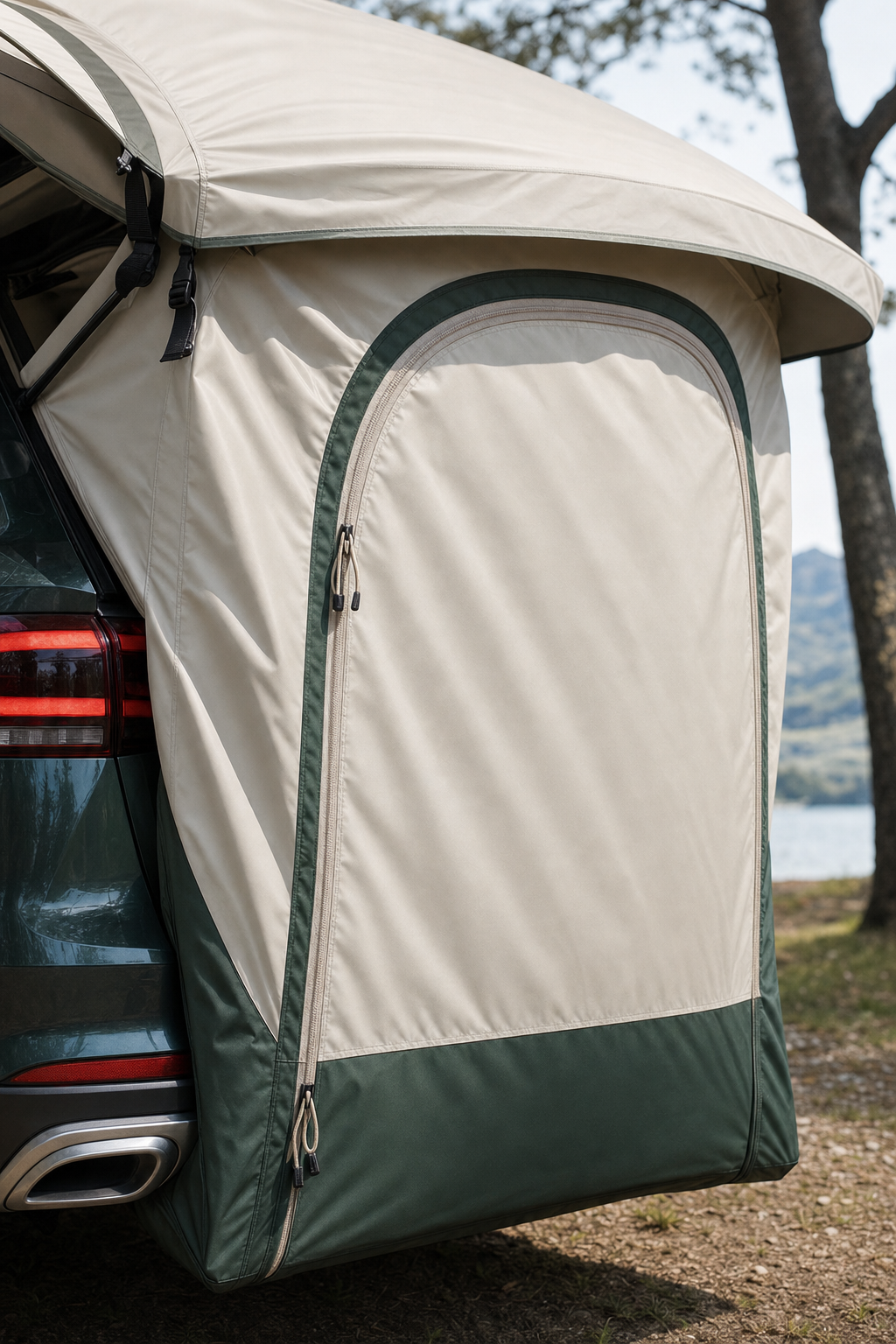 Tente SUV vert olive — scène forêt