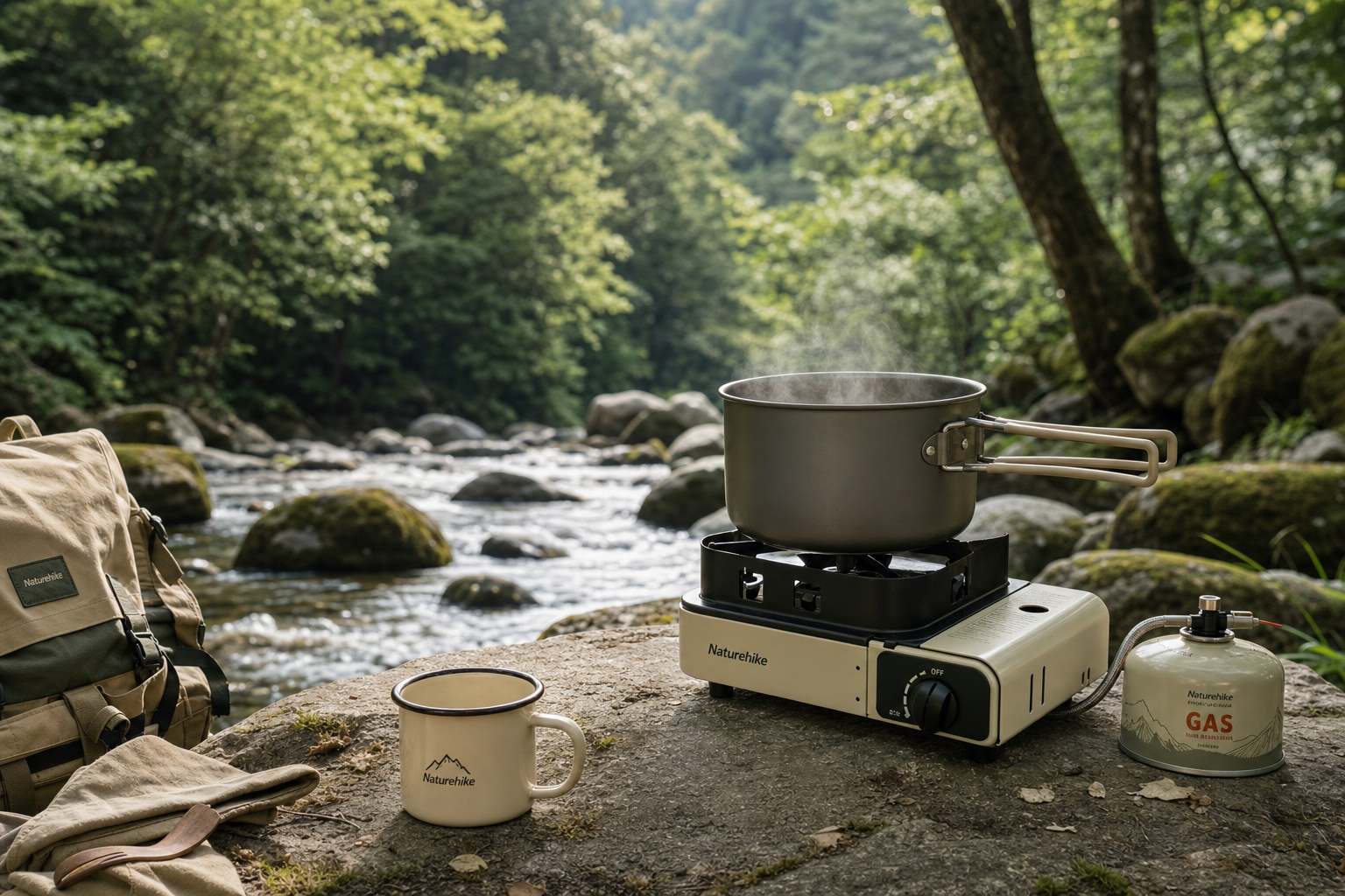 Réchaud camping gaz pliable — scène forêt
