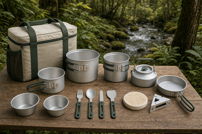 Popote camping aluminium 12 pièces — scène forêt