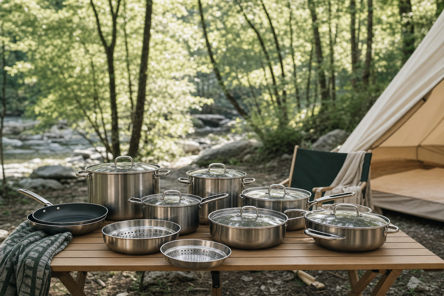 Popote camping inox 16 pièces — scène forêt