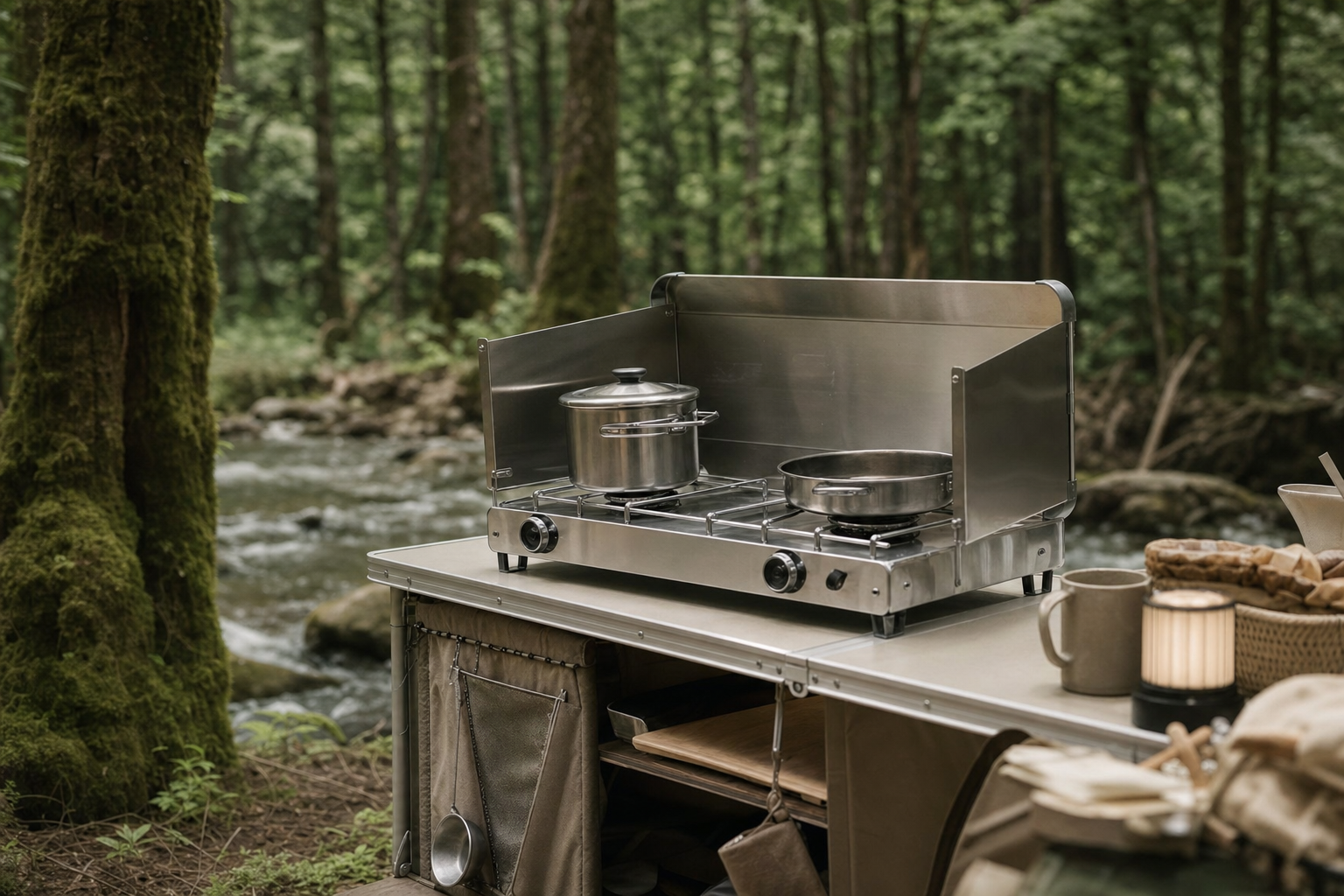 Réchaud camping 2 feux inox — scène forêt