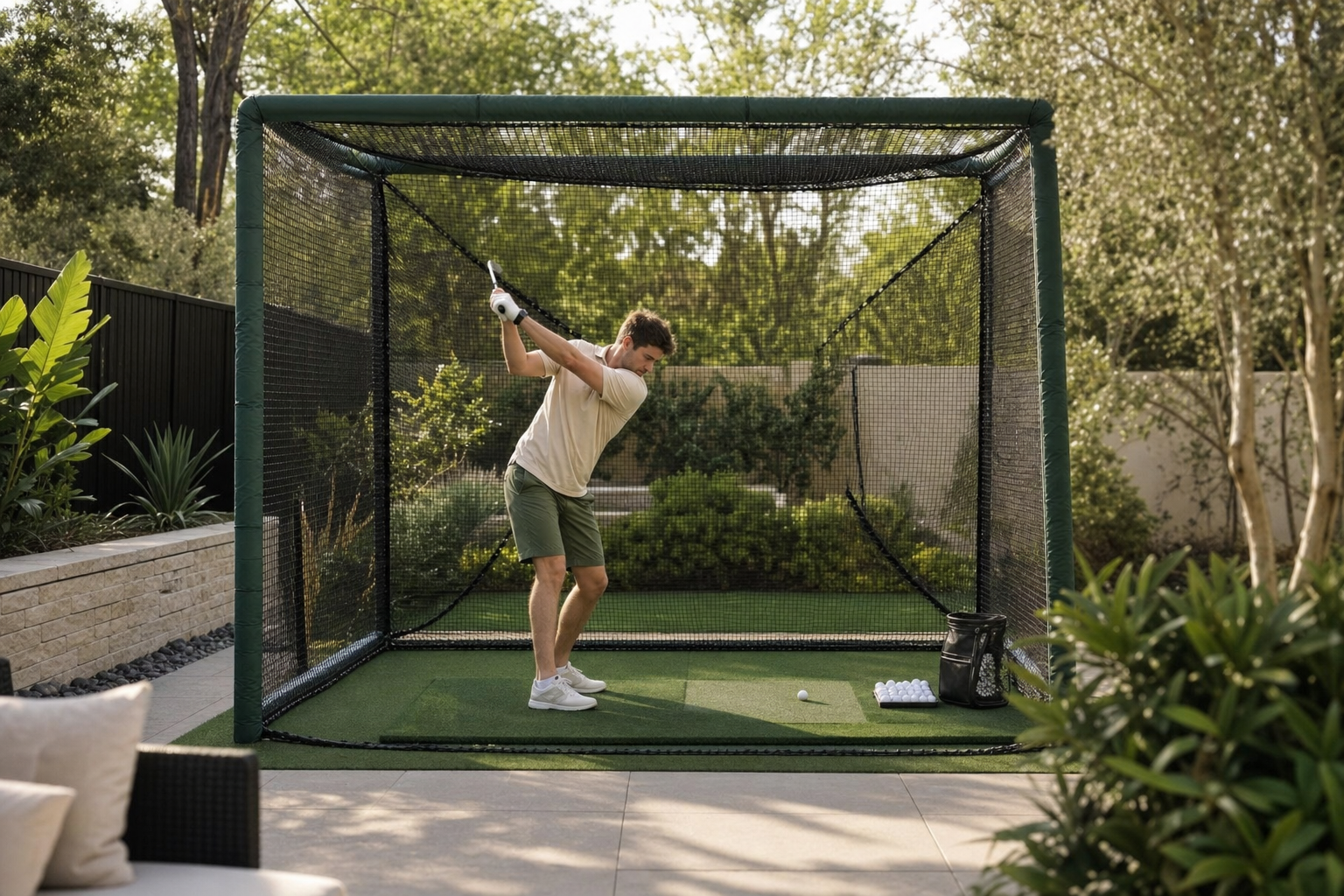 Cage filet practice golf 10x10x10ft — scène jardin