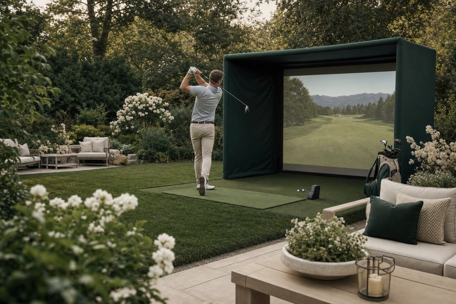 Filet de golf practice compact en scène jardin